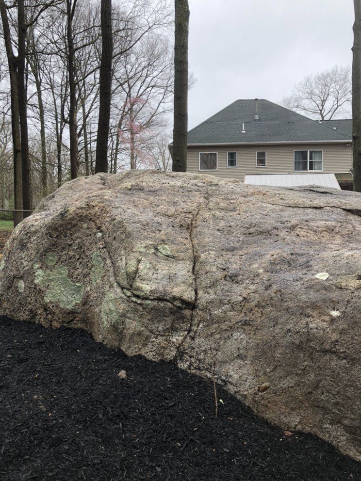 Large, weathered rock in a yard with a house and trees in the background. The rock is gray and has a long crack.