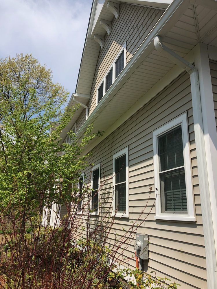 Beige-sided house with white trim, gutters, and windows; shrubs and a tree are in front.