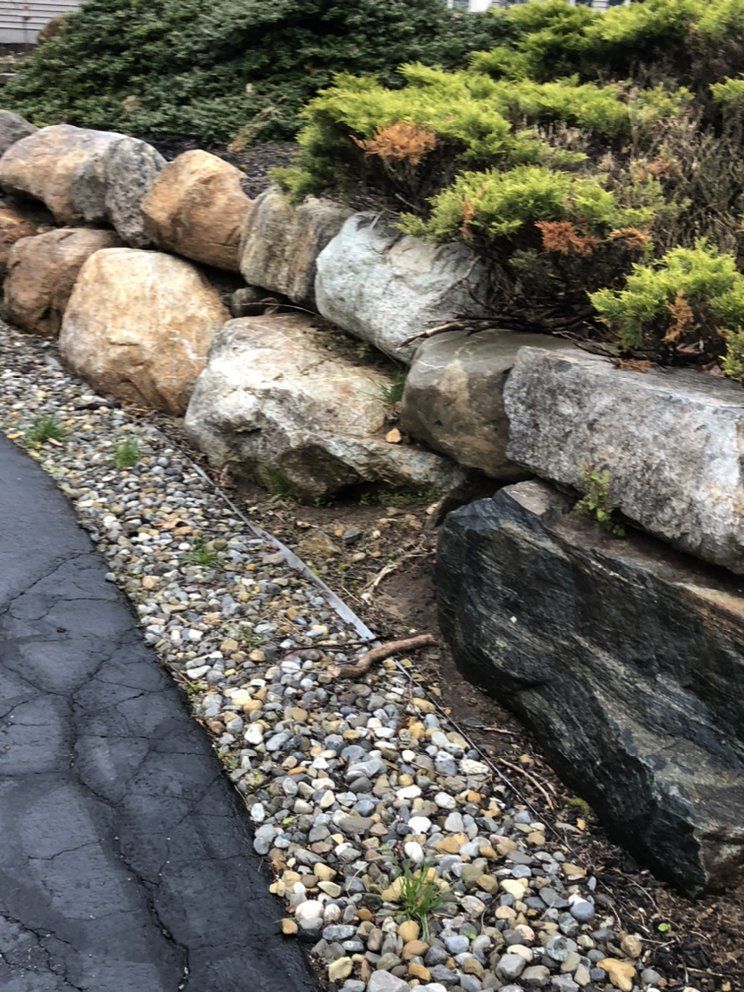 Large rocks form a retaining wall, with bushes on top and a gravel border beside asphalt.