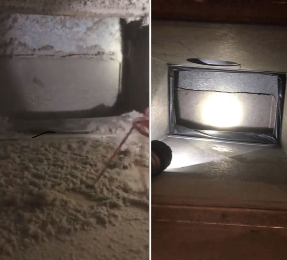 Two views of a duct: Before, filled with dust, being cleaned; after, clean, showing the metal framing.