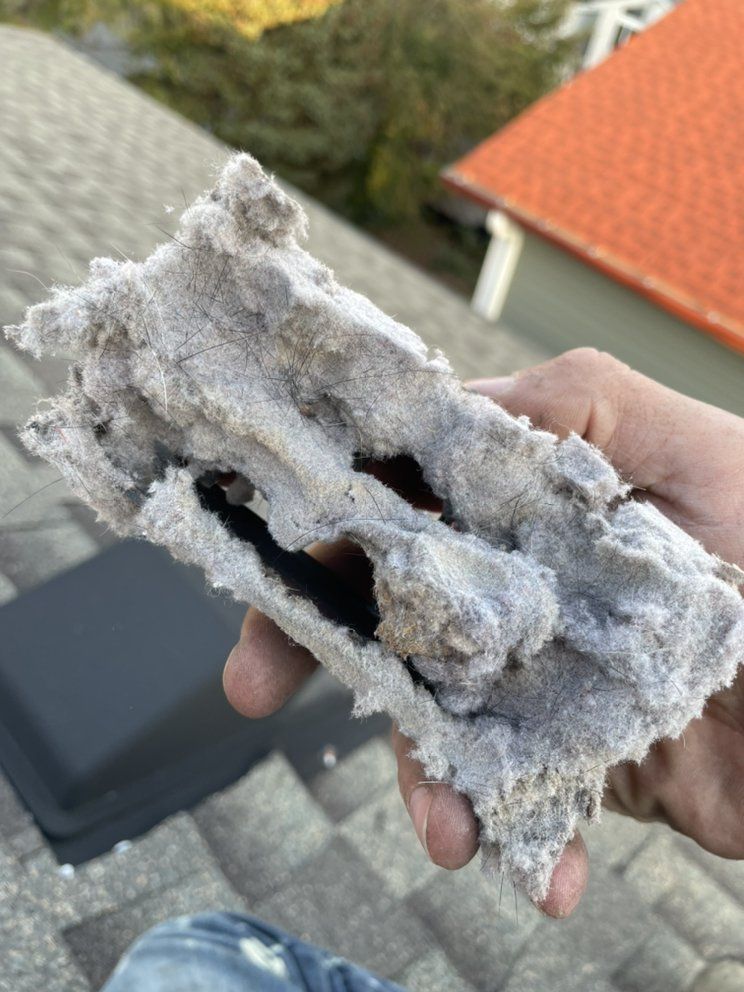 A hand holding a thick, grey, lint-filled vent. Roof and sky are visible in the background.