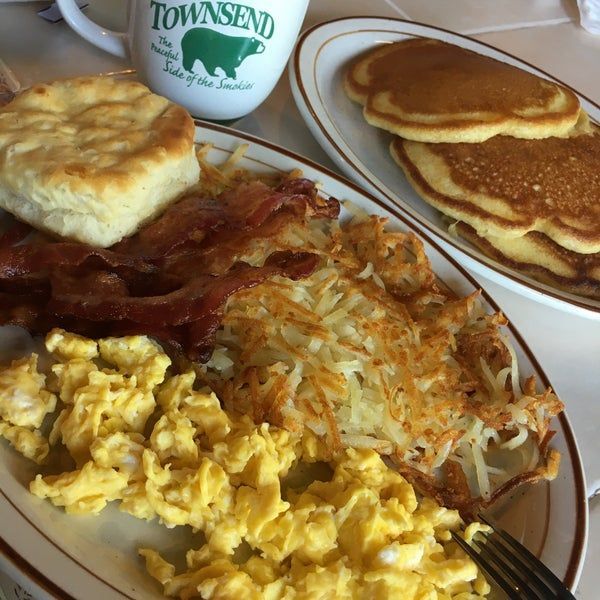 A plate of food with a mug that says townsend on it