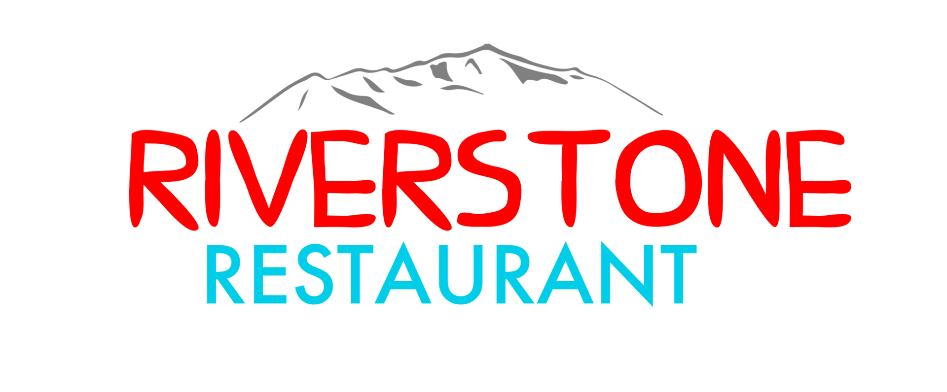 The riverstone restaurant logo is red and blue with a mountain in the background.