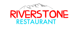 The riverstone restaurant logo is red and blue with a mountain in the background.