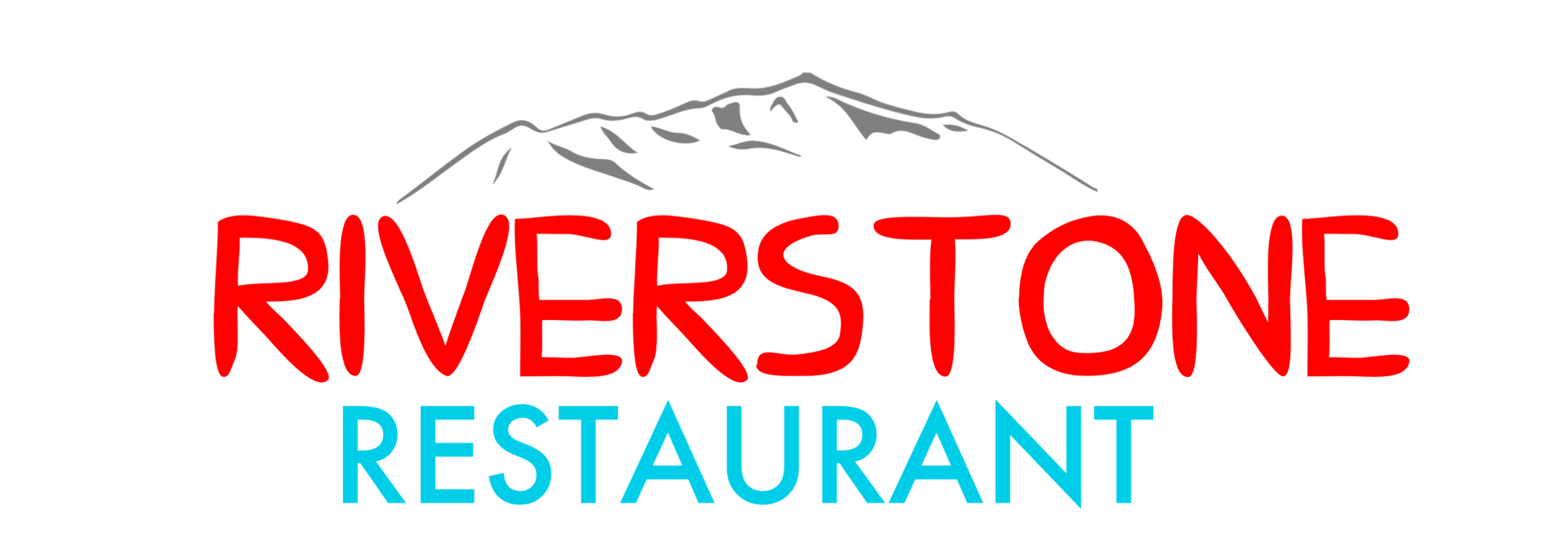The riverstone restaurant logo is red and blue with a mountain in the background.