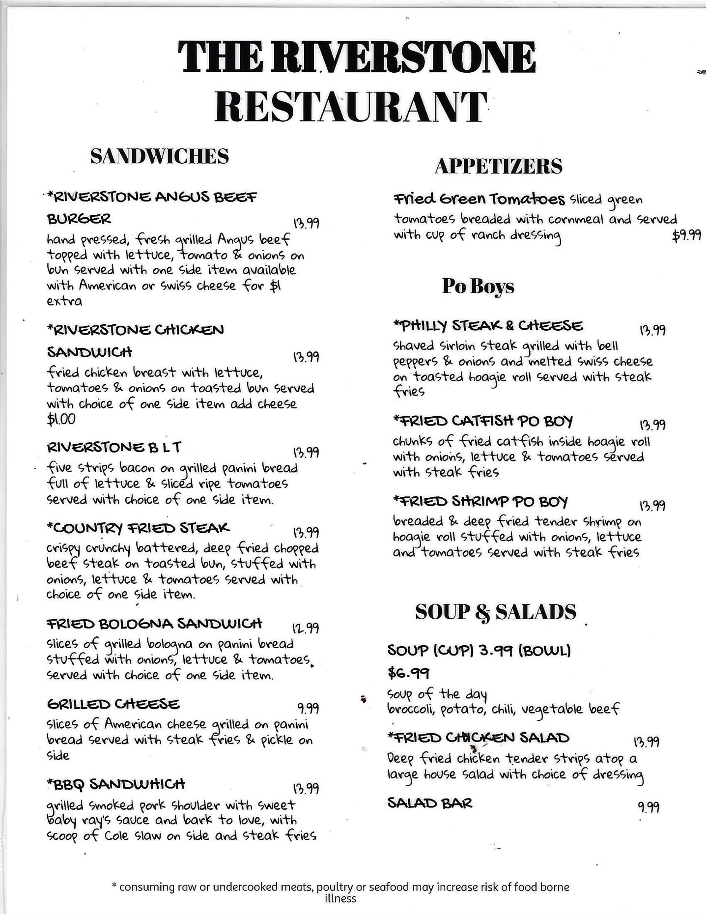 A menu for a restaurant called the riverstone restaurant