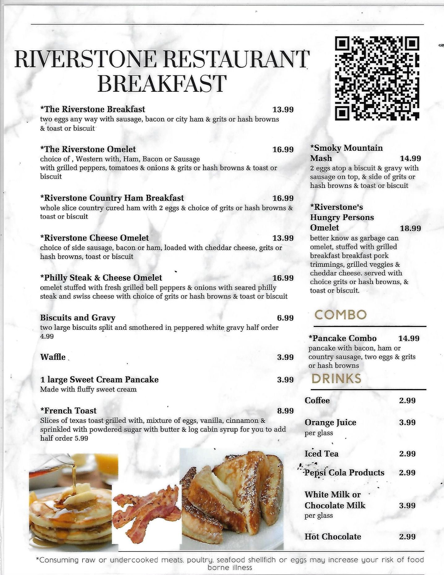 A menu for a restaurant called riverstone restaurant breakfast