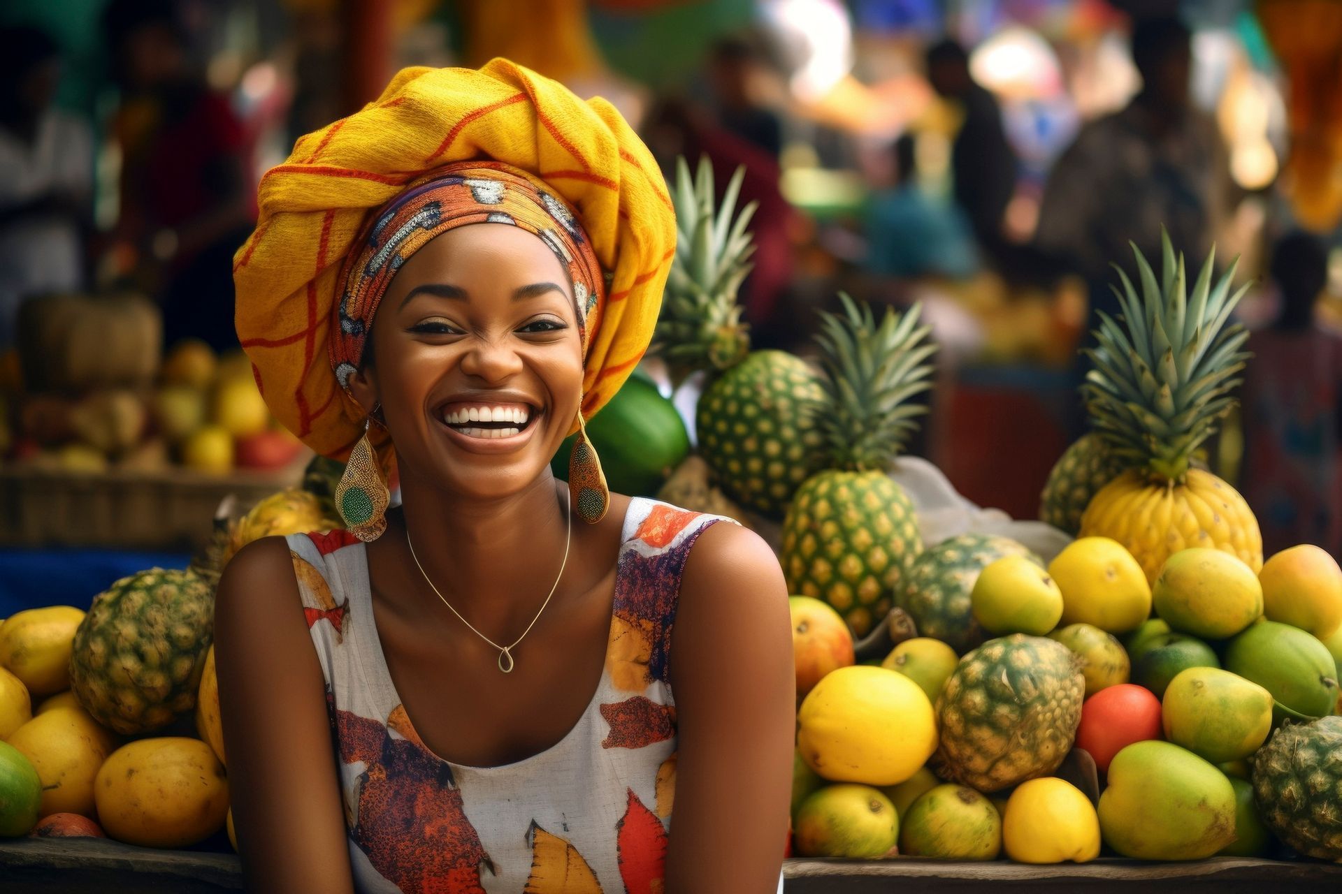 A woman is sitting in front of a pile of fruit and smiling.