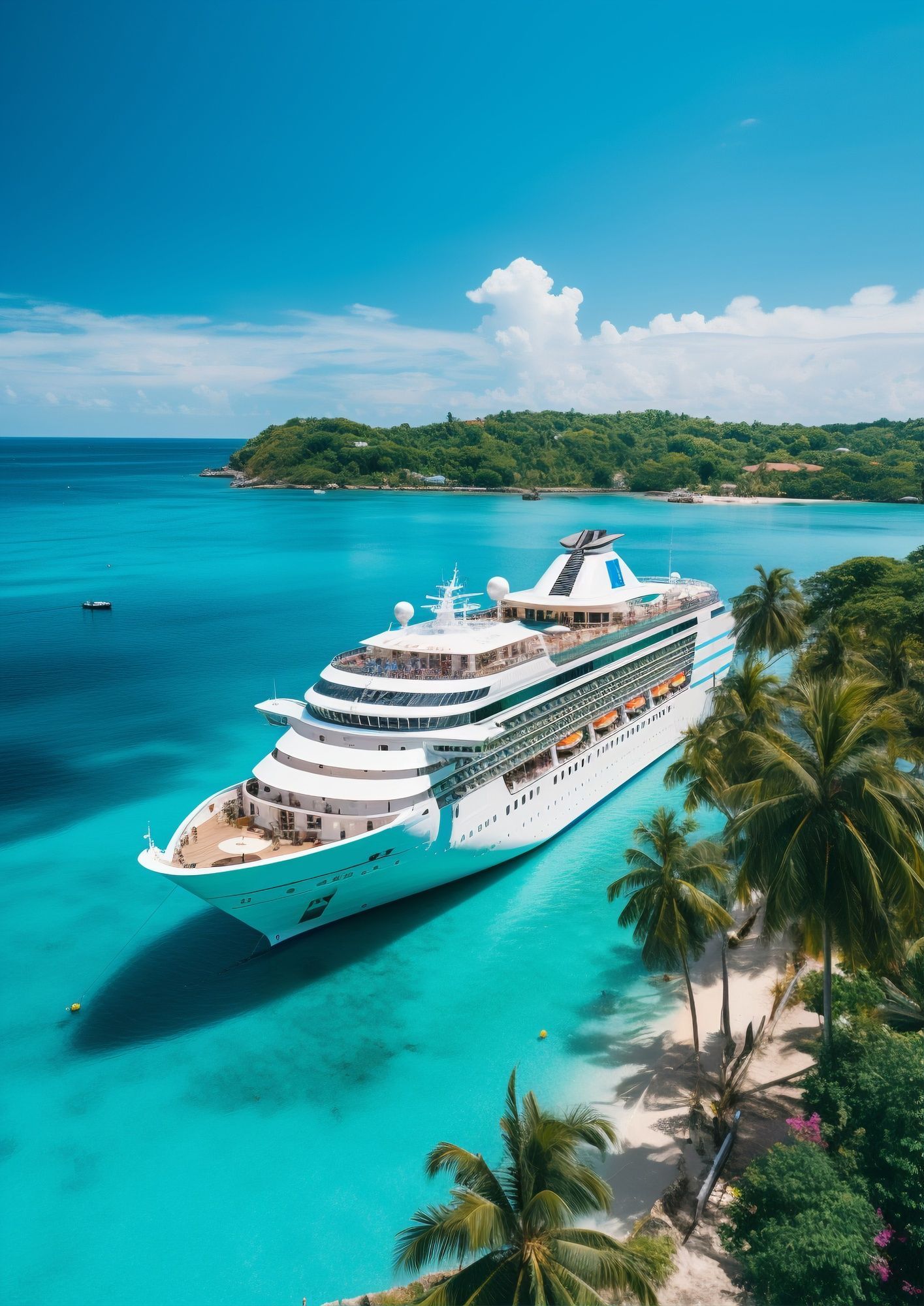 An aerial view of a cruise ship in the ocean surrounded by palm trees.