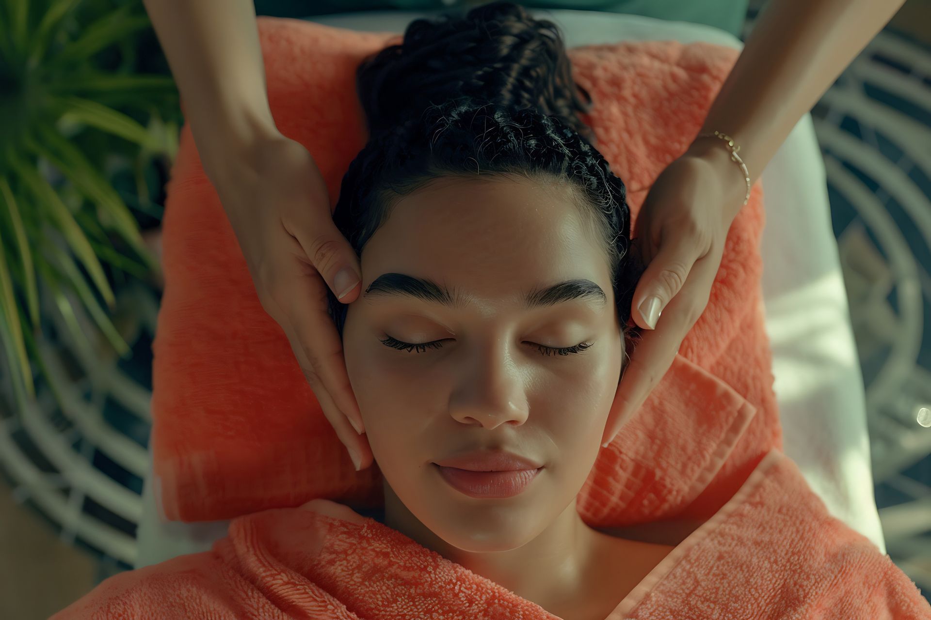 A woman is getting a head massage at a spa.