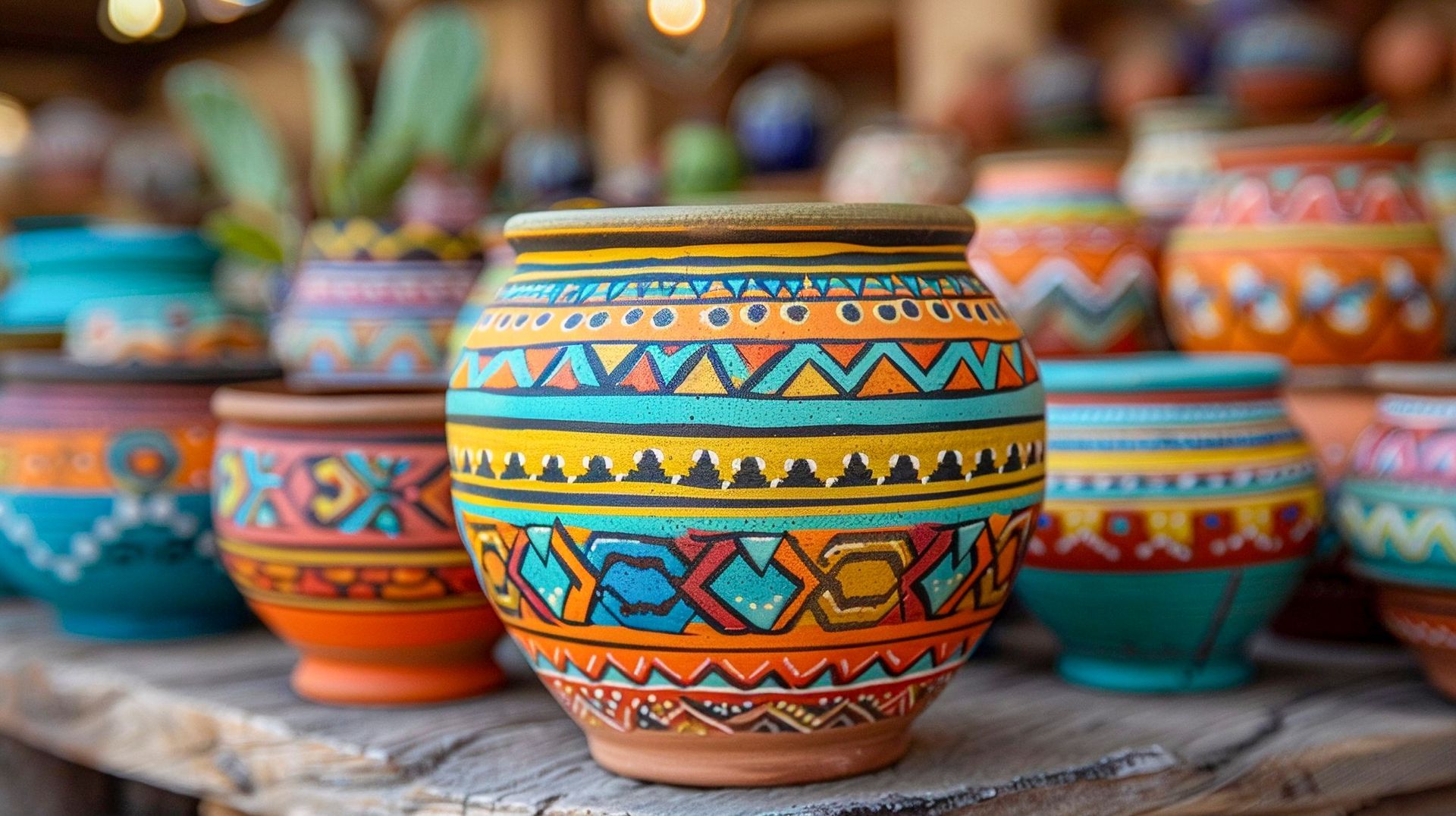 A group of colorful pots sitting on top of a wooden table.