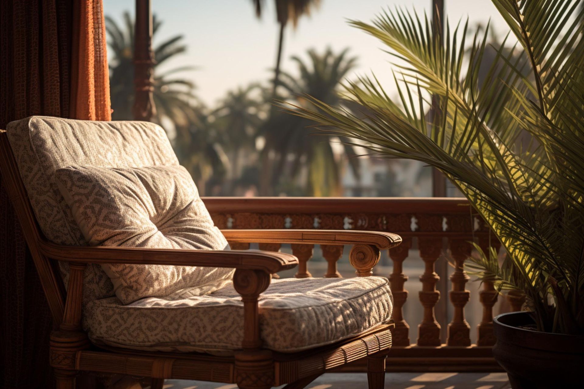 A chair is sitting on a balcony with palm trees in the background.