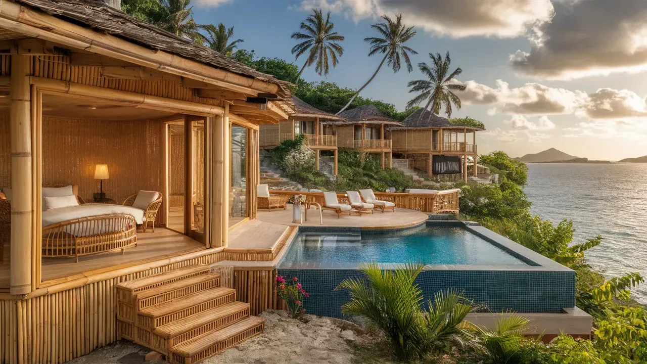 A wooden house with a swimming pool overlooking the ocean.