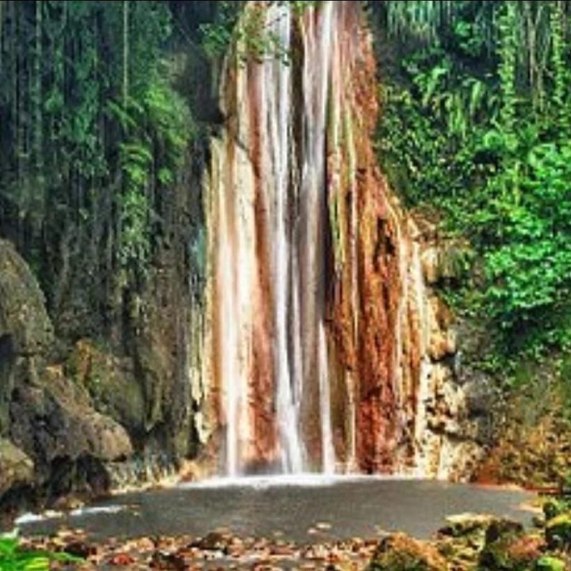 A waterfall is surrounded by trees and rocks in the middle of a forest.