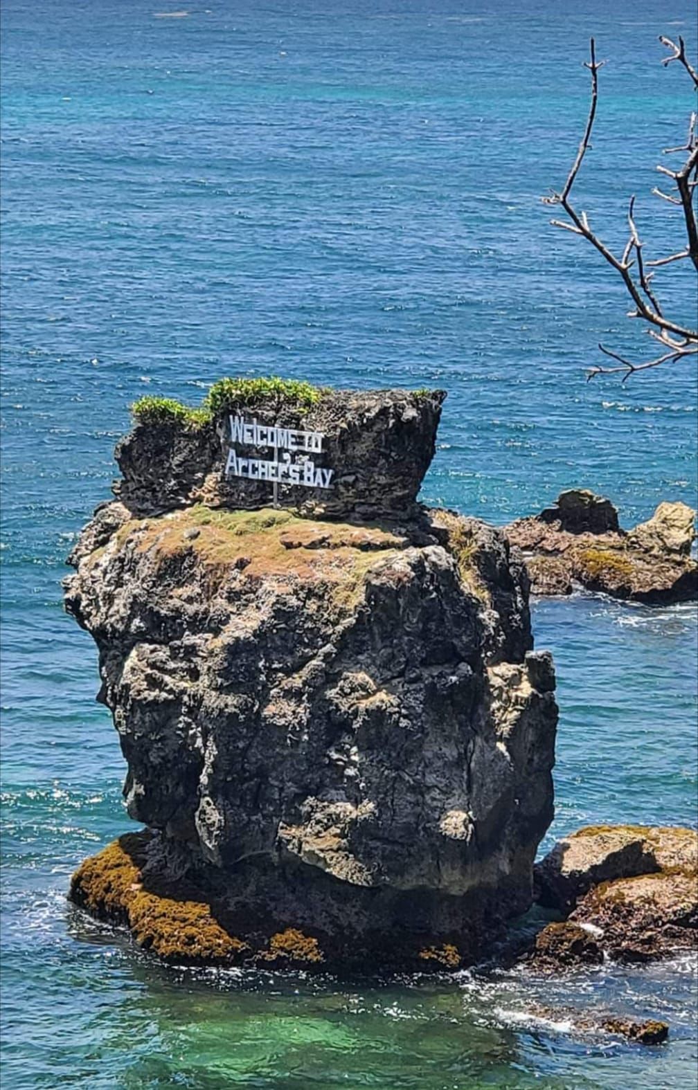 A large rock in the middle of the ocean with a sign on it.