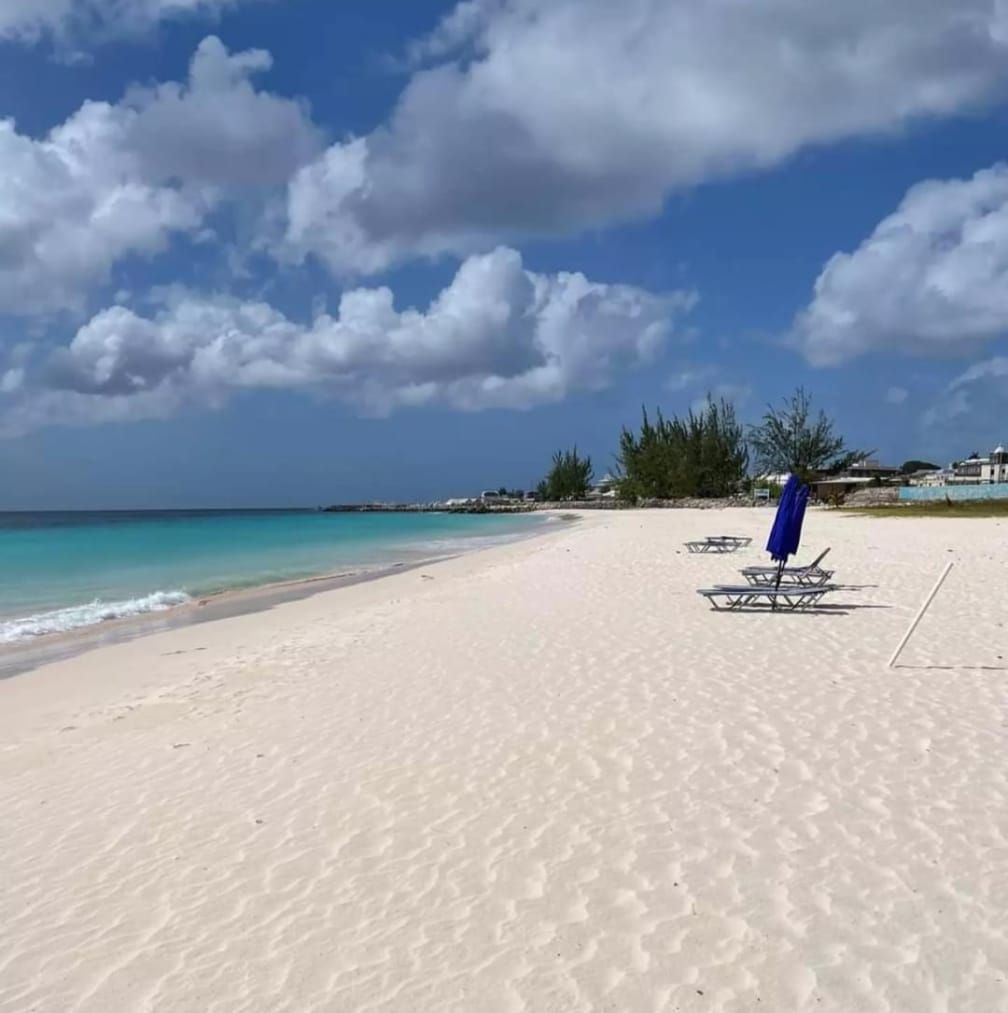 A beach with chairs and umbrellas on a sunny day