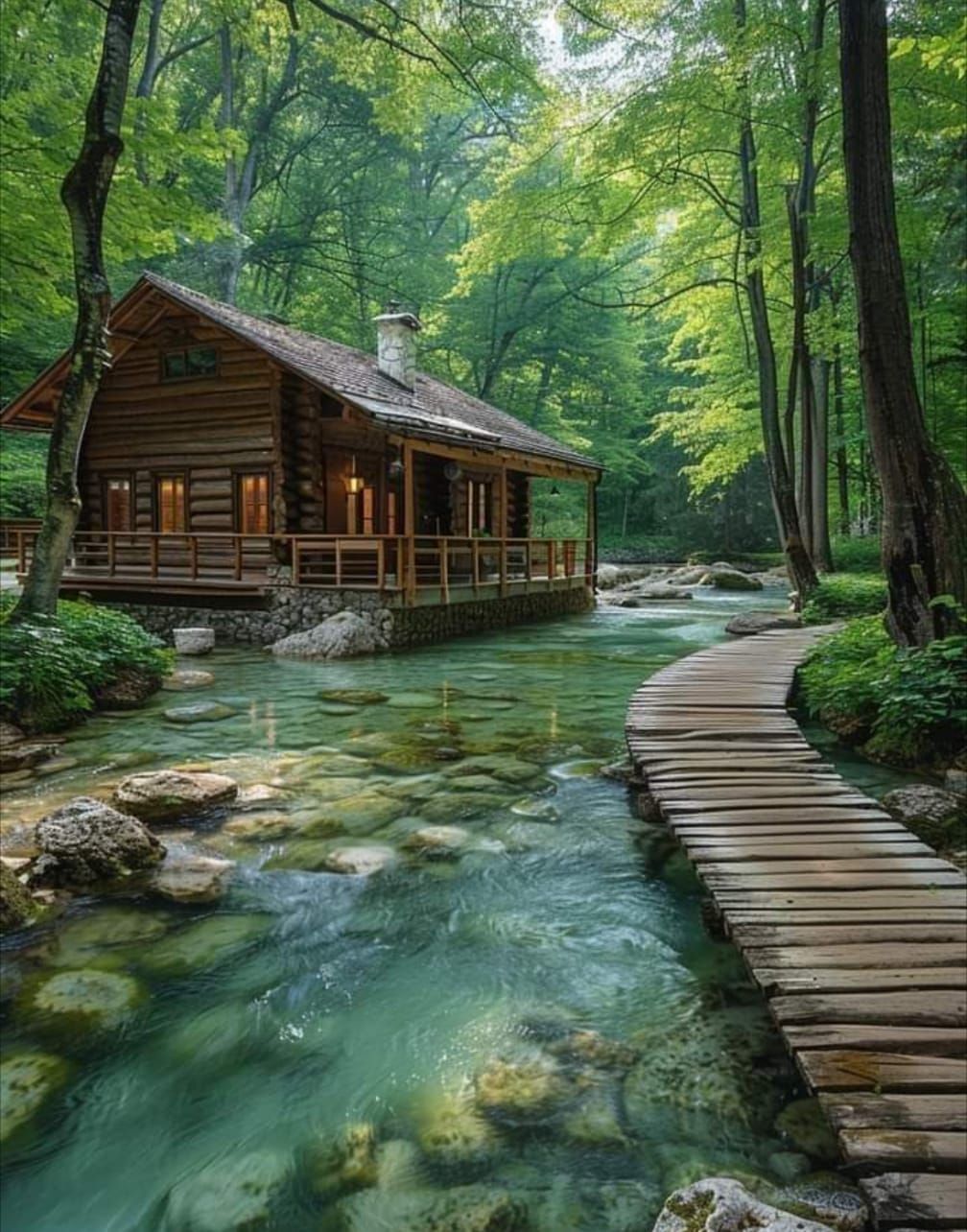 A log cabin in the middle of a forest next to a river.