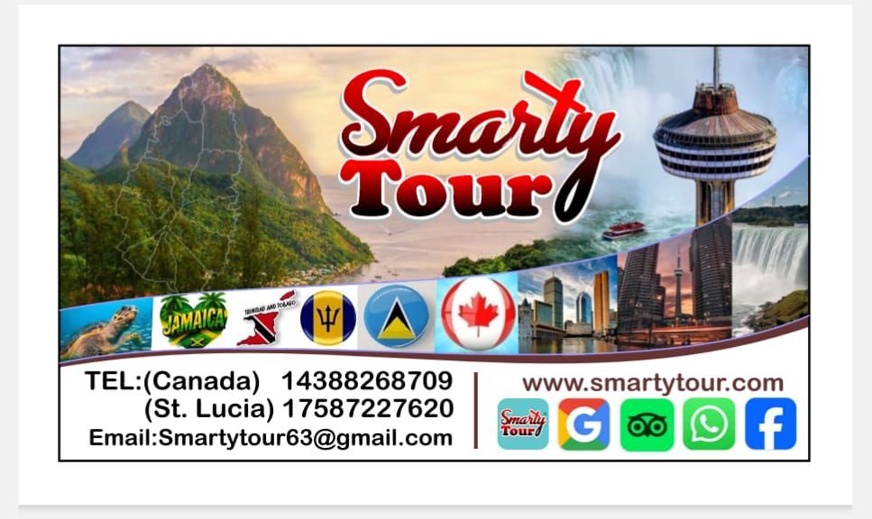 A business card for smarty tour shows a waterfall and mountains