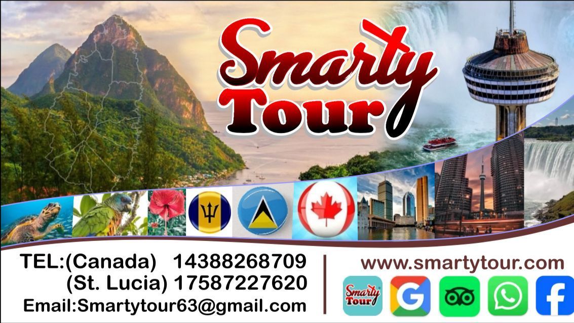 A business card for smarty tour shows a waterfall and mountains