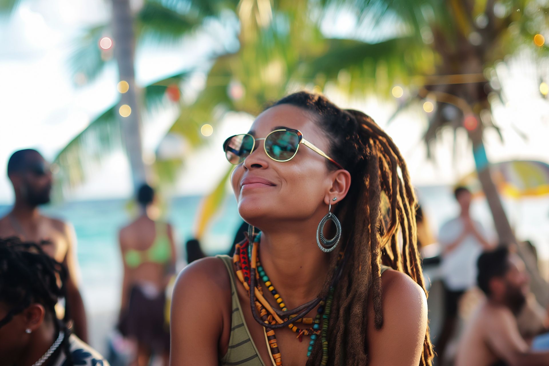 A woman with dreadlocks and sunglasses is sitting on the beach.