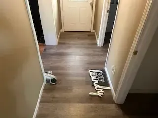 A hallway with hardwood floors and a laundry mat on the floor.