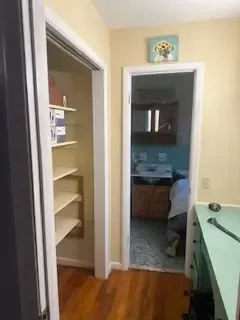 A hallway with hardwood floors and shelves leading to a bathroom.