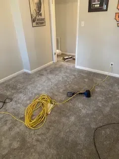 A room with a gray carpet and a yellow cord on the floor.
