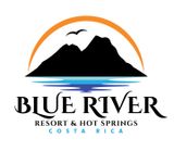 A logo for the Blue River Resort & Spa in Costa Rica shows a sunset over the ocean.