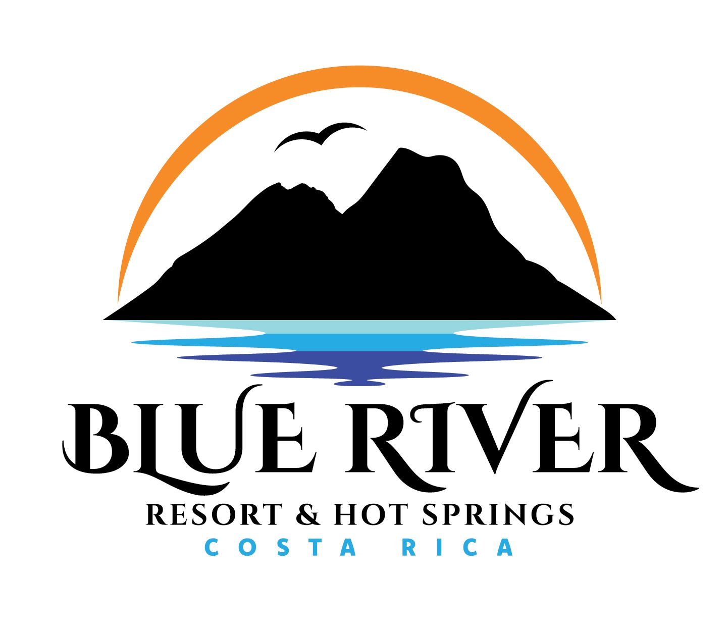 A logo for the Blue River Resort & Spa in Costa Rica shows a sunset over the ocean.