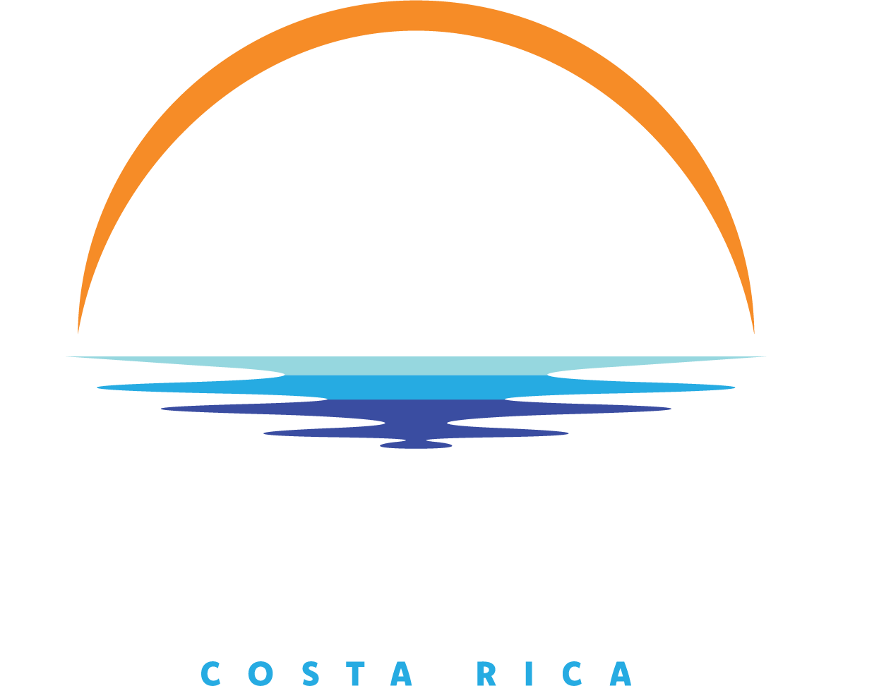 A logo for the Blue River Resort & Spa in Costa Rica shows a sunset over the ocean.