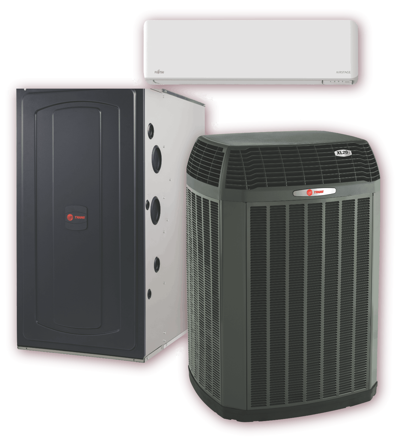 There are three different types of air conditioners on a white background.