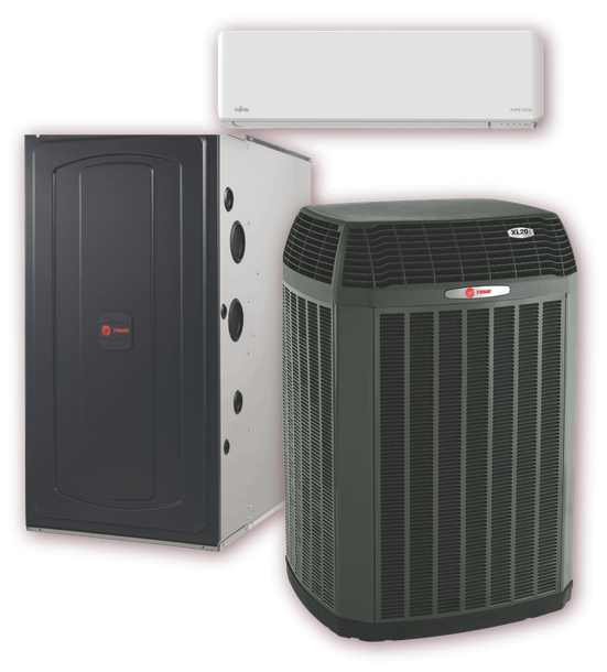 There are three different types of air conditioners on a white background.