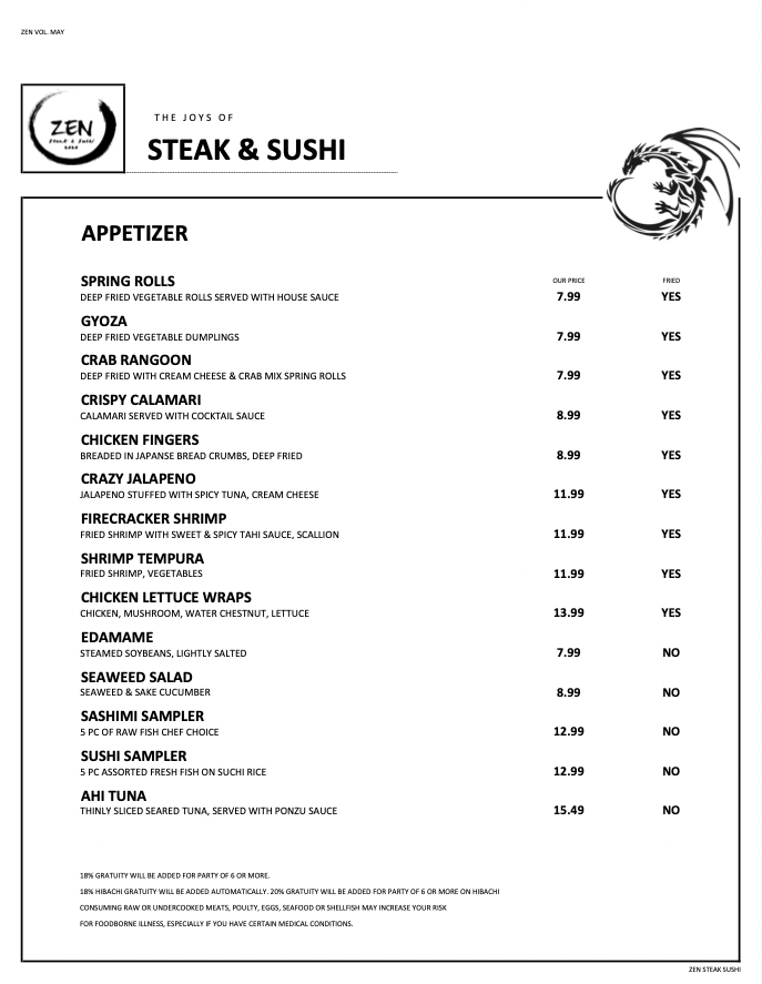 Hibachi Menu Zen Steak & Sushi