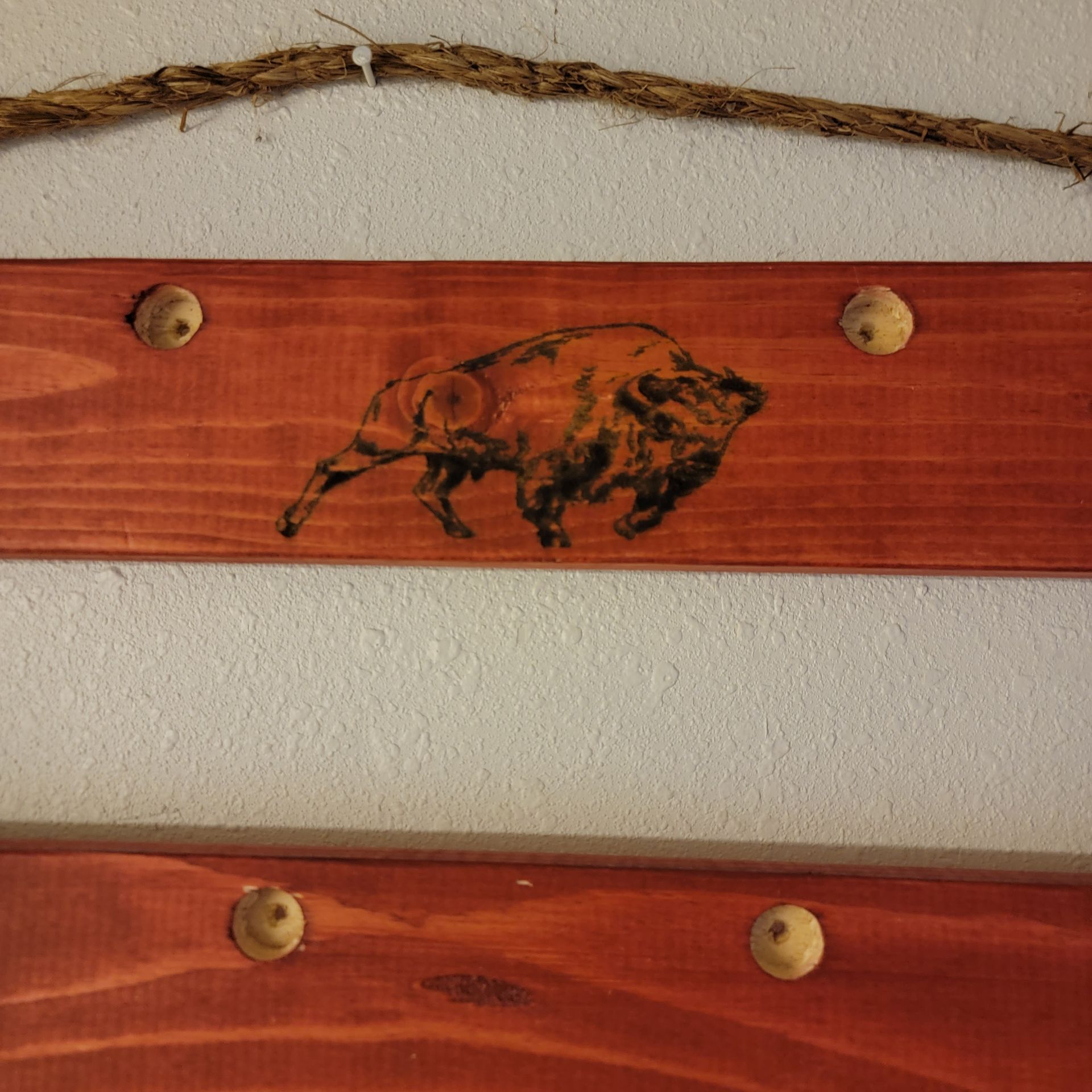 Wooden display shelf with a bison image etched onto it.