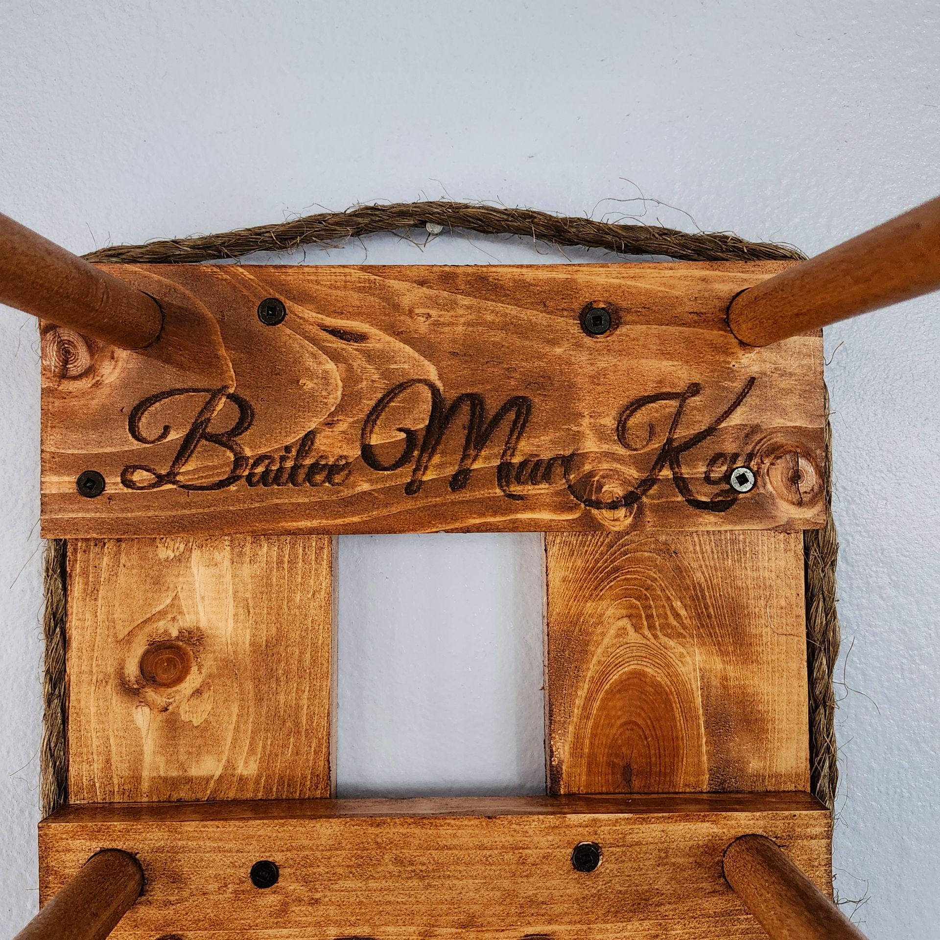 Wooden chair base with engraved name 
