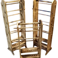 Red wooden display stand with dowels and a hanging bag.