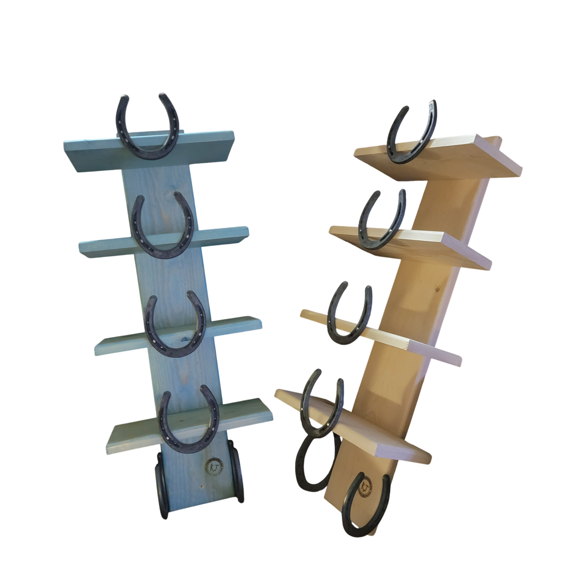 Two wooden horseshoe wine racks, one painted blue-gray, one natural.