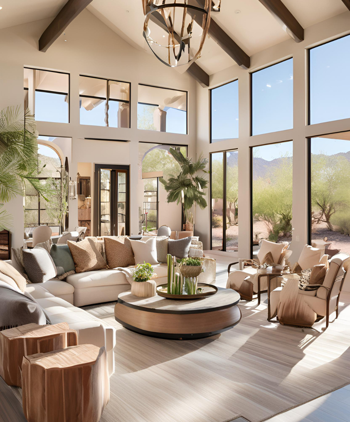 A living room with a lot of windows and furniture
