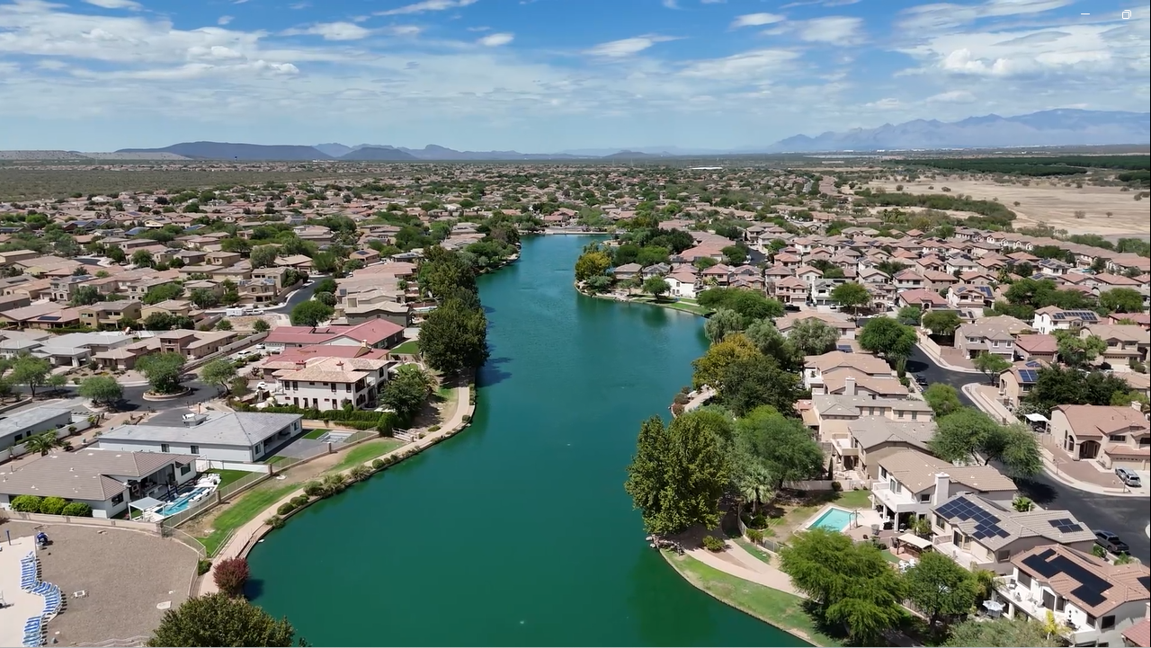 Pristine and scenic Rancho Sahuarita's town lake where residents can fish in Tucson, AZ