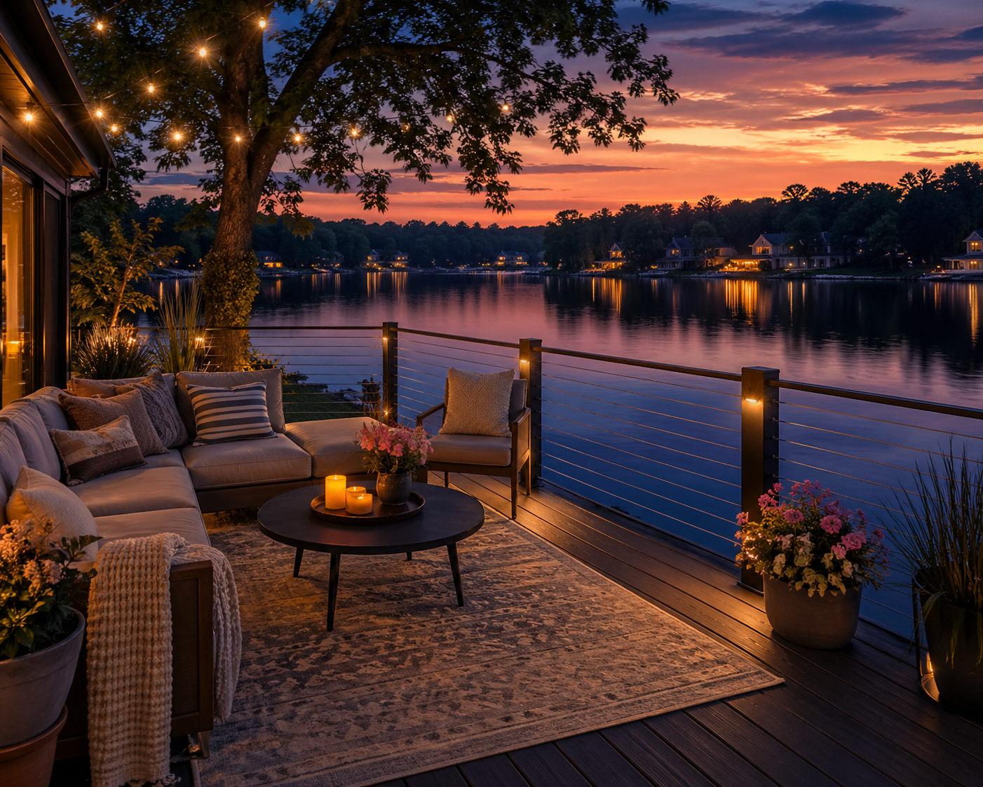 Deck with fire pit and seating overlooking a forested landscape.