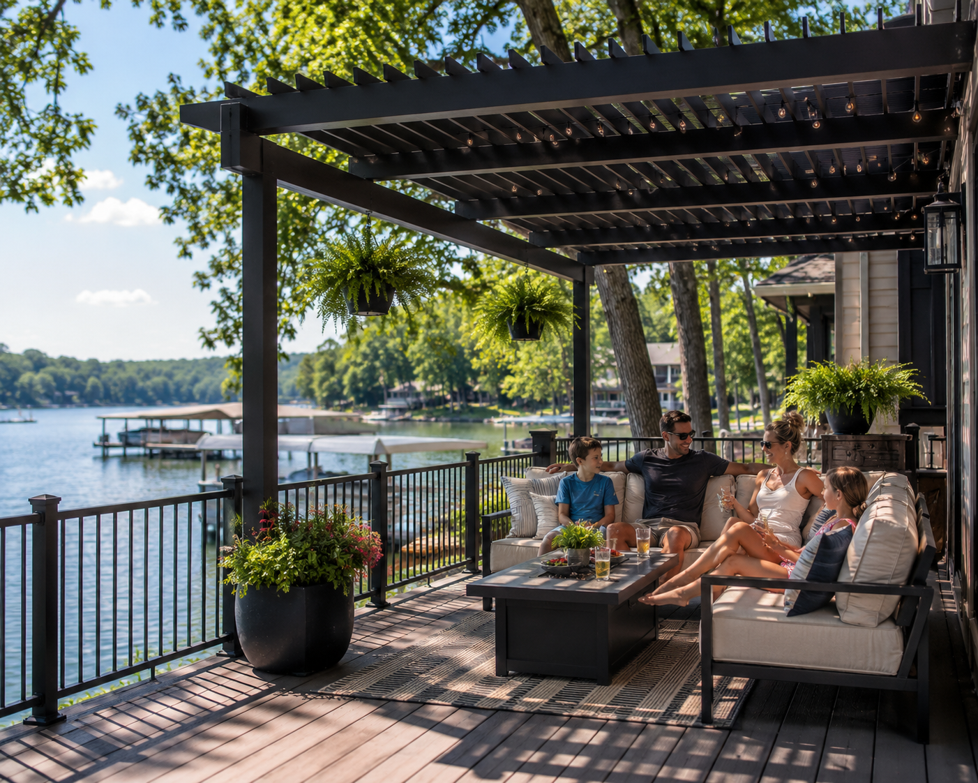Deck with black railing, pool, and lakeside view surrounded by trees and lush greenery.
