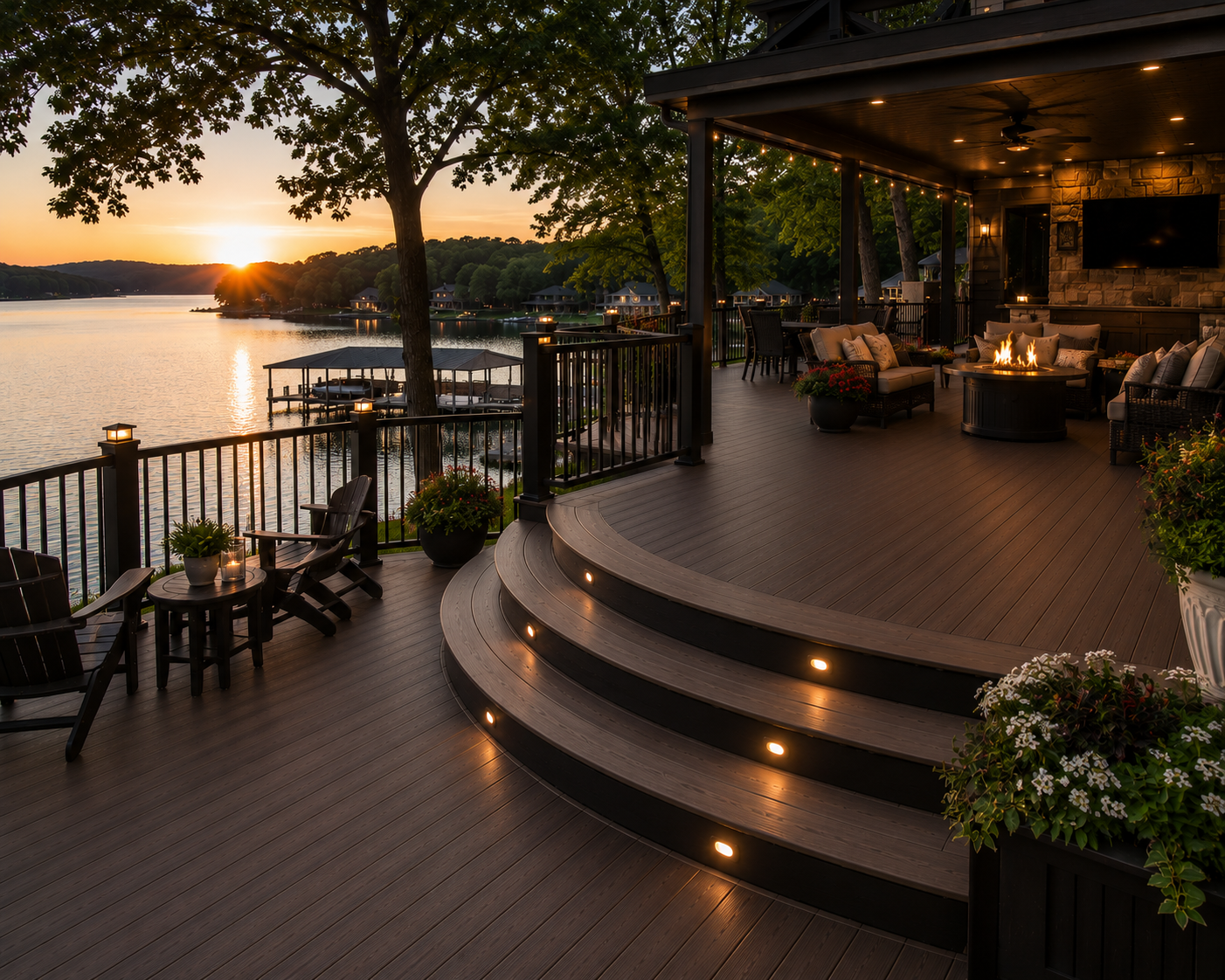 Black metal deck railing with geometric design, gray composite deck, patio furniture, and greenery in background.