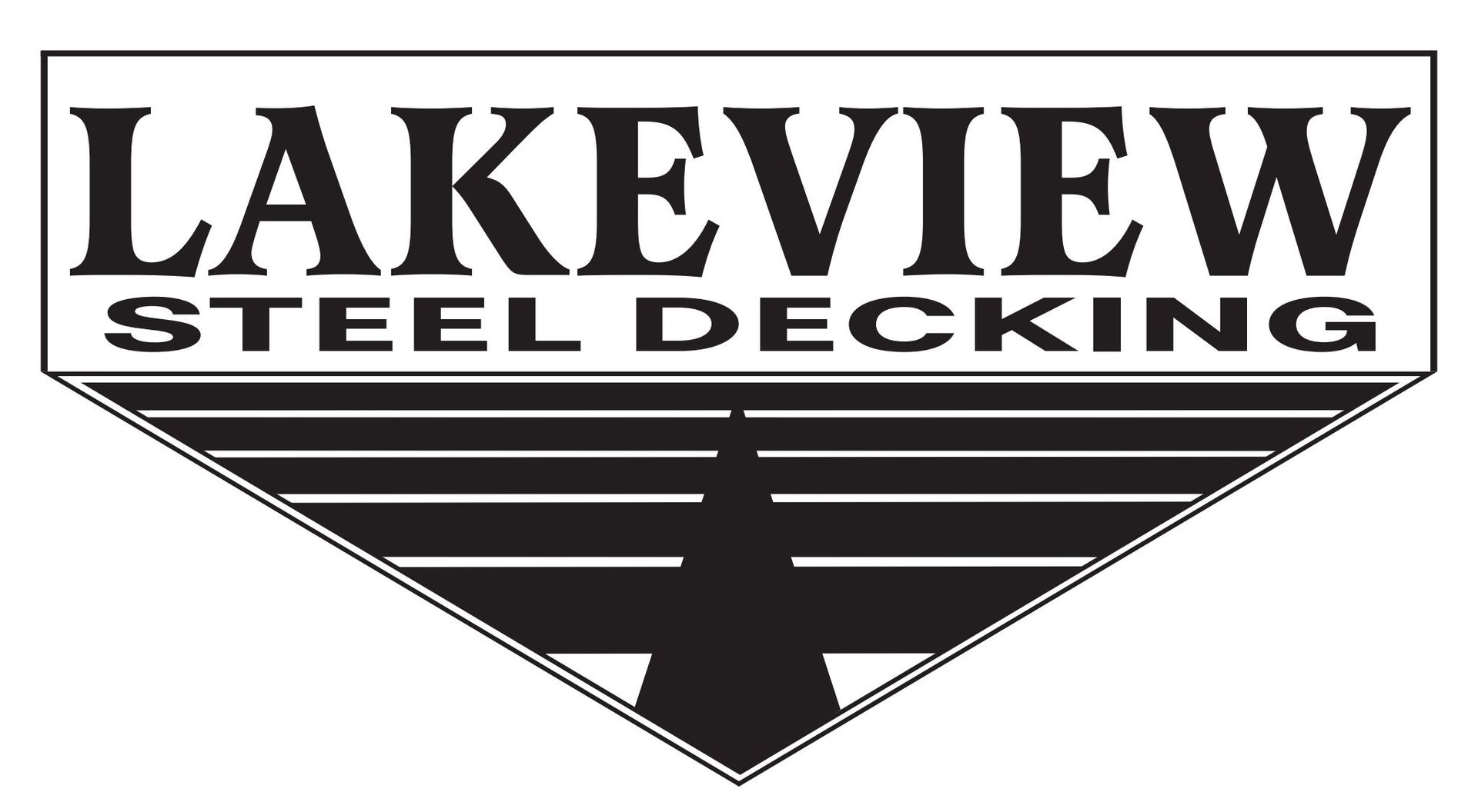 Lakeview Steel Decking logo: Black text in white box over stylized steel decking image.