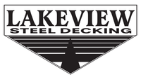 Lakeview Steel Decking logo: Black text in white box over stylized steel decking image.