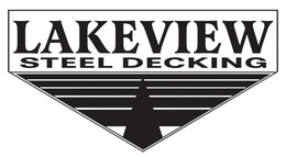 Lakeview Steel Decking logo: Black text in white box over stylized steel decking image.