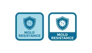 Two blue mold resistance shield logos, one light and one dark, with snowflake icons and text.