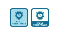 Two blue mold resistance shield logos, one light and one dark, with snowflake icons and text.