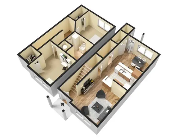 A 3d floor plan of a house with two bedrooms