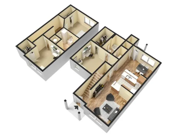 A 3d floor plan of a house with a staircase