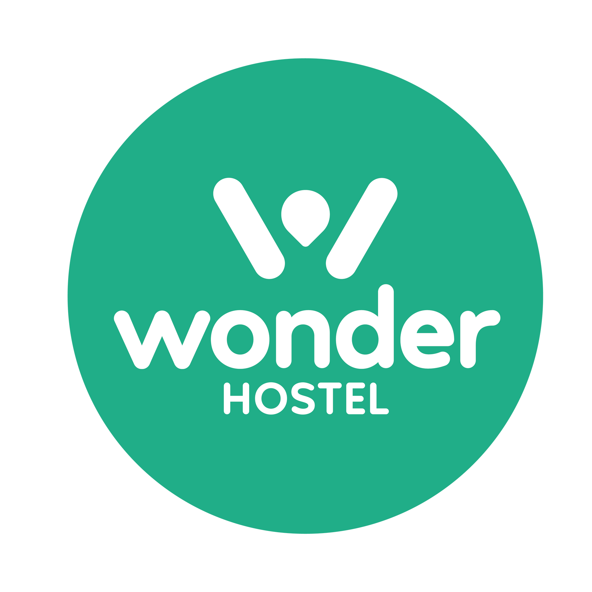 The wonder hostel logo is in a green circle on a white background.